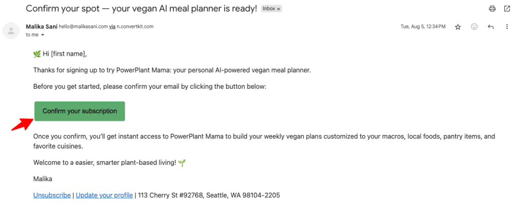 Email confirming vegan meal planner subscription
