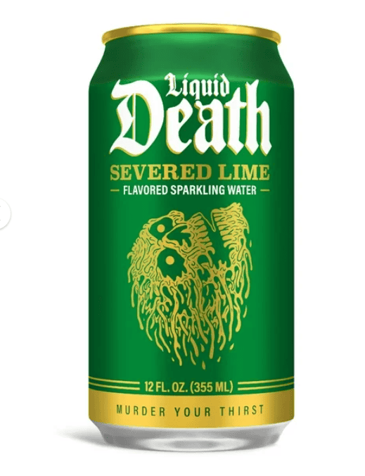 Liquid Death Seared Lime Sparkling Water can, flavored sparkling water with lime flavor, designed for hydration and refreshment, featuring bold branding and marketing.