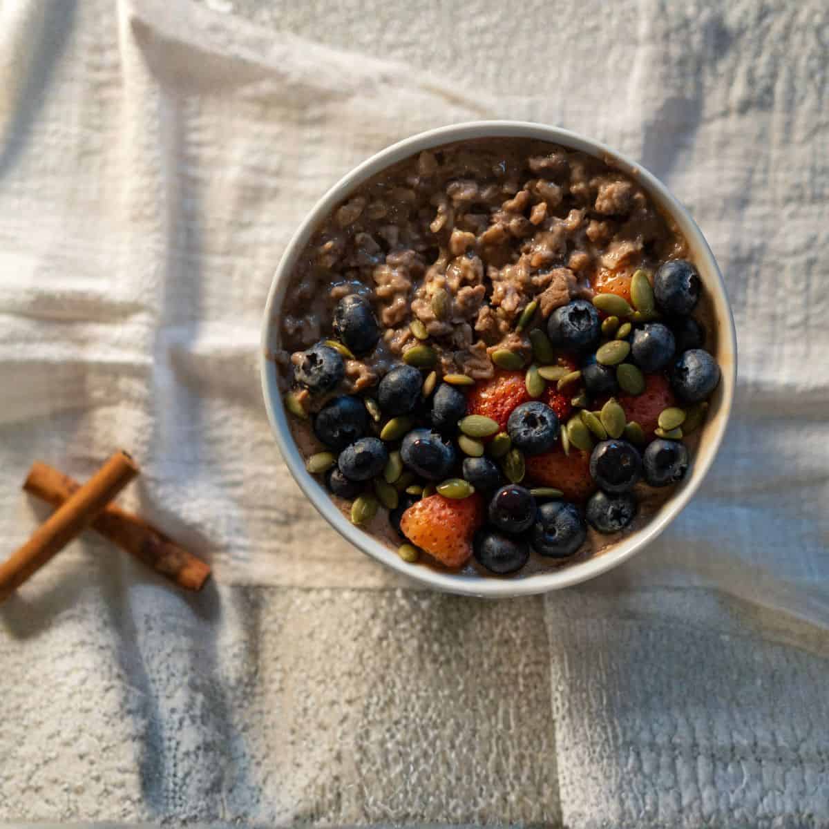 Bowl of chocolate protein oatmeal with fresh berries on top