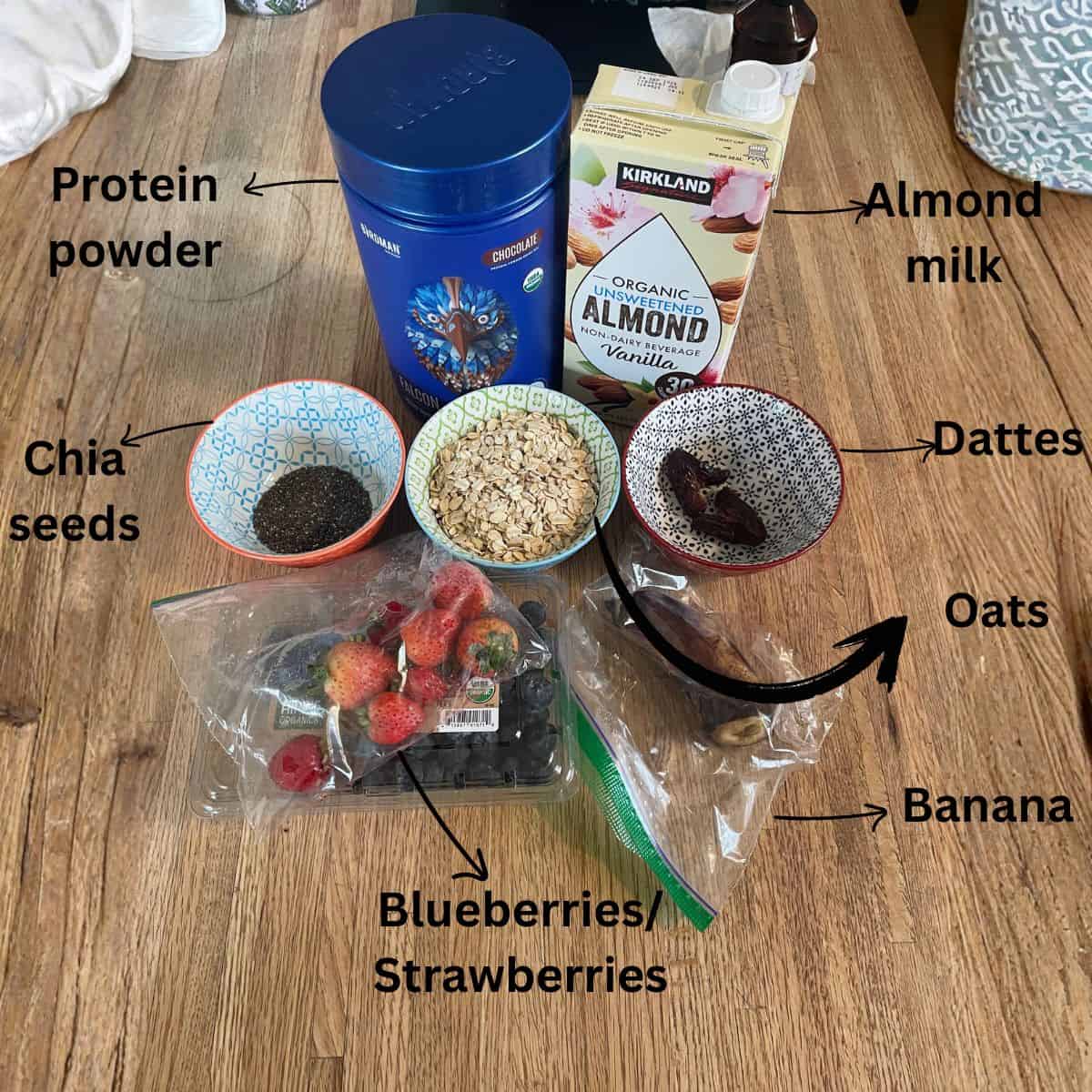showing of the ingredients needed to make the chocolate oatmeal with protein