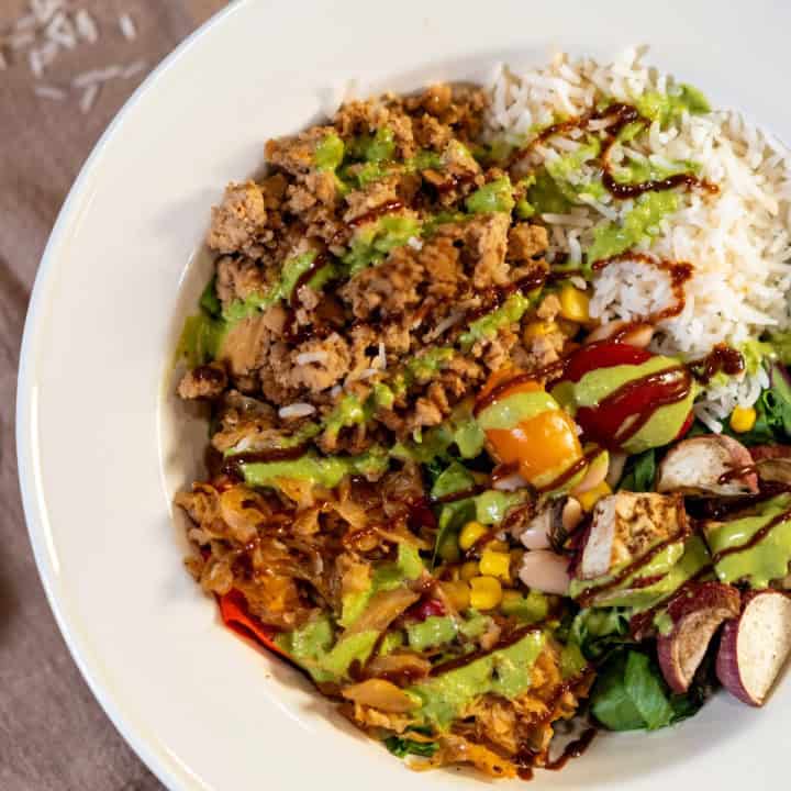 a delicious plate of teriyaki tofu rice bowl ready to eat