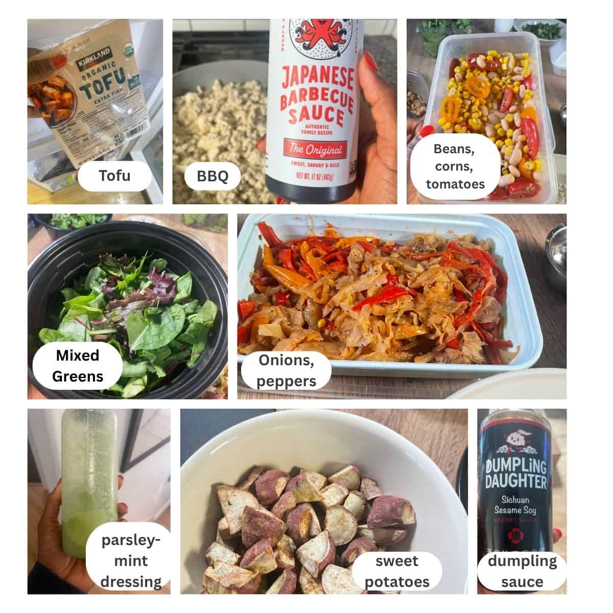collage showing the ingredients to make the Teriyaki Tofu Rice Bowl: tofu, Japanese barbecue sauce, canned beans, fresh corn and tomatoes, mixed greens fresh salad, sauté onions peppers, parsley-mint dressing, roasted sweet potatoes, dumpling sauce