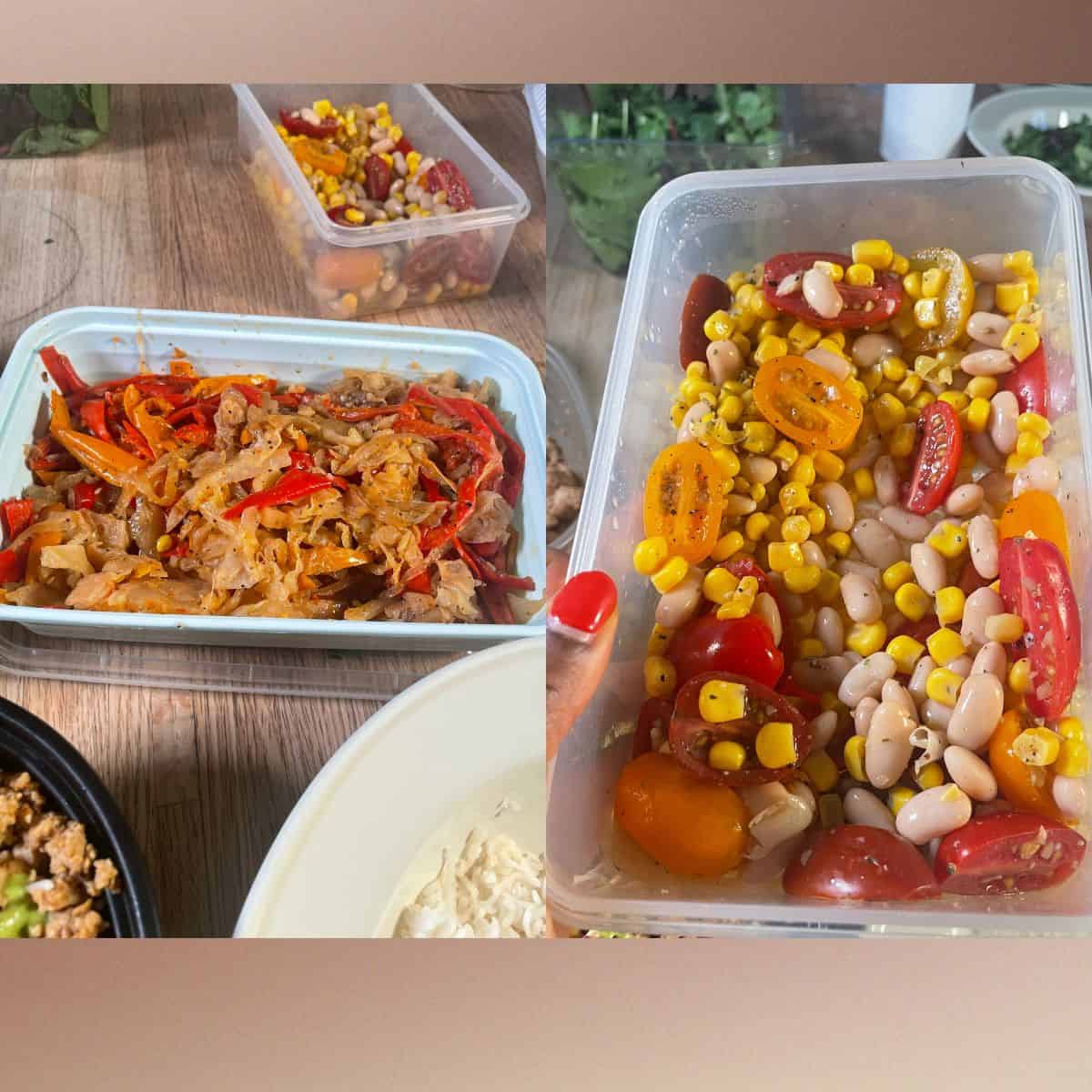 two containers showing on the left side some sauté red peppers and onions and on the right side a mix of corn, white beans and tomatoes seasoned with salt and peppers