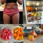 Malika Raw Vegan Fruitarian Reset, showing an image of her body at the starting point of the fruit feast and an array of fresh fruits that she is going to eat during this reset