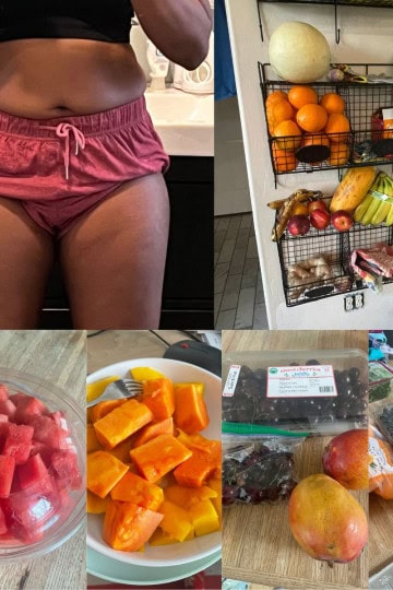 Malika Raw Vegan Fruitarian Reset, showing an image of her body at the starting point of the fruit feast and an array of fresh fruits that she is going to eat during this reset
