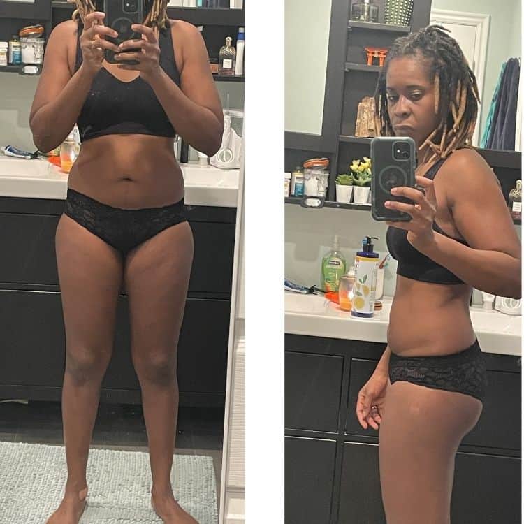 Woman showing body transformation after switching to a high raw vegan diet.