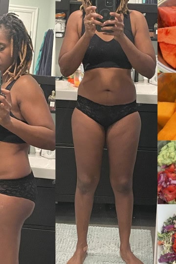 Malika Sani showing her body transformation after adopting a high raw vegan diet.