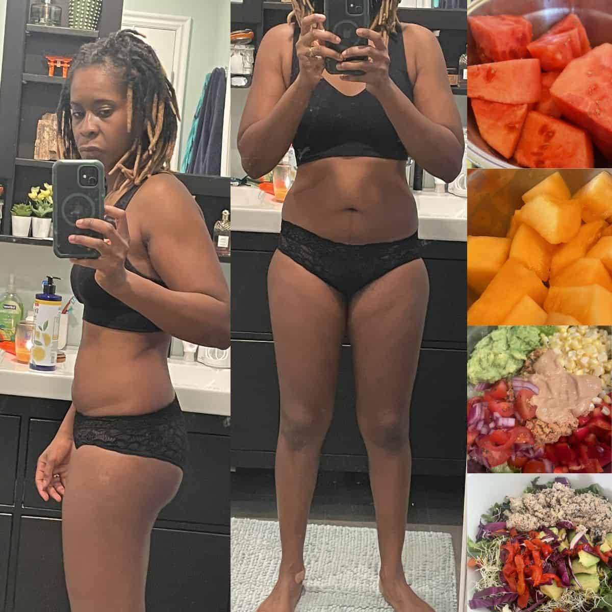 Malika Sani showing her body transformation after adopting a high raw vegan diet.